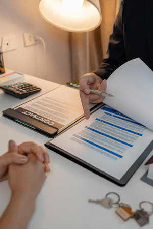 the staff is explaining information about home insurance documents to the buyers, when buying a house you must also buy home insurance for the safety of the property, investmentの写真素材