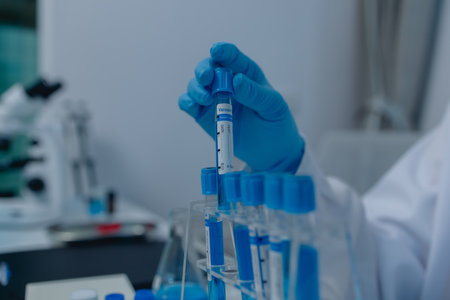 a female chemist is testing various liquid compounds in a lab, a scientist is doing research on the development of science in a lab, laboratory, test tube, scientificの写真素材