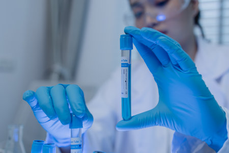 a female scientist is working in lab, a chemist tests liquid sample in science laboratory, she wears a lab coat when she works in laboratory, test tube, scientific equipmentの写真素材