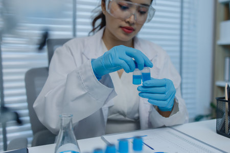 a female scientist is working in lab, a chemist tests liquid sample in science laboratory, she wears a lab coat when she works in laboratory, test tube, scientific equipmentの写真素材