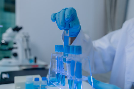 a female chemist is testing various liquid compounds in a lab, a scientist is doing research on the development of science in a lab, laboratory, test tube, scientificの写真素材