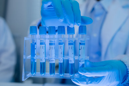 when in a lab, scientists wear lab coats, rubber gloves, and safety goggles, two chemists are testing chemicals in a liquid state, chemists working in a laboratoryの写真素材