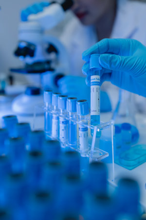 two scientists are working together to find a new antiviral drug, two chemists are using scientific tools to study science, microscope, working in the lab, researchers' work in the laboratoryの写真素材