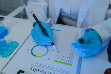 a female scientist is working in lab, a chemist tests liquid sample in science laboratory, she wears a lab coat when she works in laboratory, test tube, scientific equipmentの写真素材