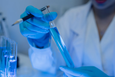 a female chemist is testing various liquid compounds in a lab, a scientist is doing research on the...