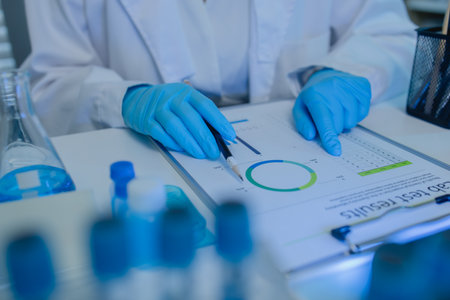 a female chemist is testing various liquid compounds in a lab, a scientist is doing research on the development of science in a lab, laboratory, test tube, scientificの写真素材