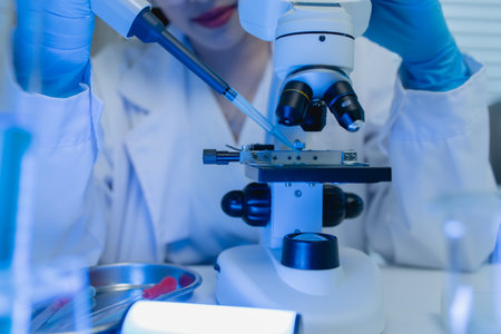 two scientists are working together to find a new antiviral drug, two chemists are using scientific tools to study science, microscope, working in the lab, researchers' work in the laboratoryの写真素材