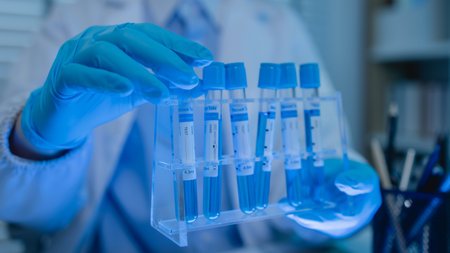 a female chemist is testing various liquid compounds in a lab, a scientist is doing research on the development of science in a lab, laboratory, test tube, scientificの写真素材