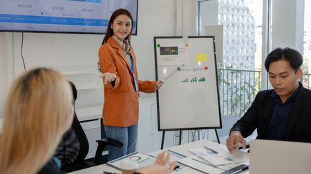 one of marketing team is explaining the presentation to the team, group of businessman are meeting in the office, these entrepreneur are brainstorming about their business project, finance, accountingの写真素材