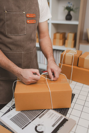 a small online business owner is checking boxes for accuracy before shipping to customers, parcel,...