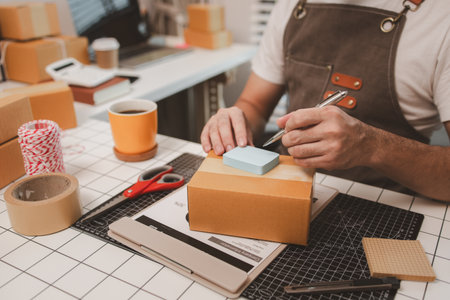 a small online business owner is checking boxes for accuracy before shipping to customers, parcel, an employee is packing products into boxes to prepare for shipping to customersの写真素材