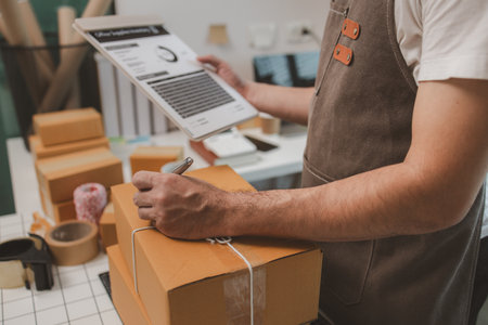 he is checking the boxes in the packing room, a small business owner is preparing boxes to ship to customers, product, e-business, entrepreneurs in online sales and export businessesの写真素材