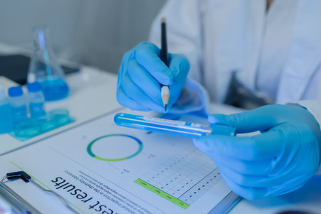 a female chemist is testing various liquid compounds in a lab, a scientist is doing research on the development of science in a lab, laboratory, test tube, scientificの写真素材