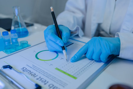 a female scientist is working in lab, a chemist tests liquid sample in science laboratory, she wears...