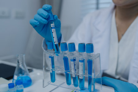 a female scientist is working in lab, a chemist tests liquid sample in science laboratory, she wears...