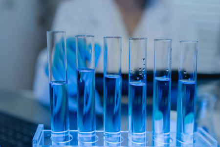 a female chemist is testing various liquid compounds in a lab, a scientist is doing research on the development, she wears a lab coat when she works in laboratory, test tube, scientific equipmentの写真素材