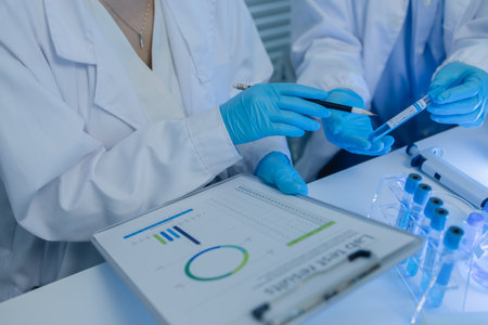 two scientists consult each other while conducting an experiment on a liquid substance in a laboratory, the two chemists exchange experimental data to compile, research, lab,の写真素材