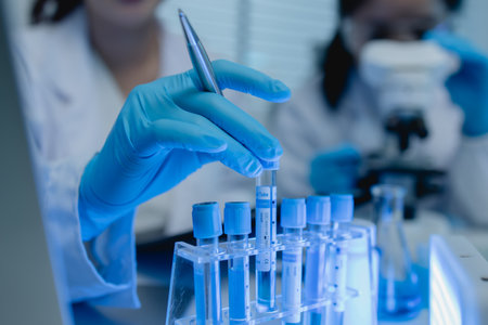 a female chemist is testing various liquid compounds in a lab, a scientist is doing research on the development, she wears a lab coat when she works in laboratory, test tube, scientific equipmentの写真素材