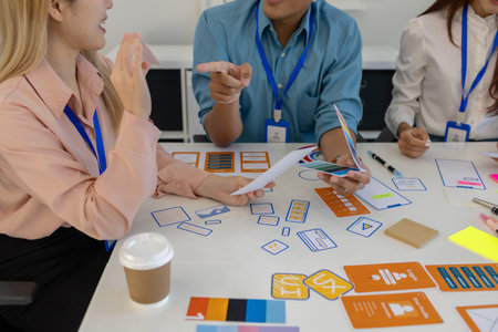 ux, ui, web and mobile app designers are discussing the look and feel of the website or app they are...