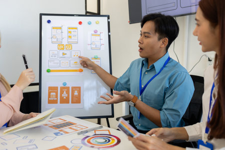 ux, ui, mobile app web designers are brainstorming to design a visual display that customers will...