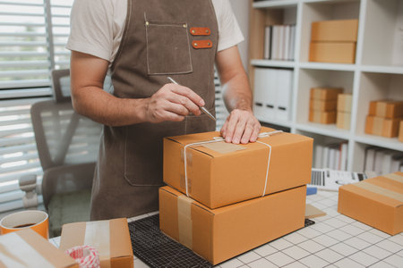 he is checking the boxes in the packing room, a small business owner is preparing boxes to ship to customers, product, e-business, entrepreneurs in online sales and export businessesの写真素材