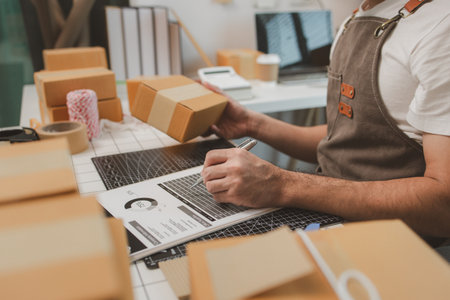 he is checking the boxes in the packing room, a small business owner is preparing boxes to ship to customers, product, e-business, entrepreneurs in online sales and export businessesの写真素材