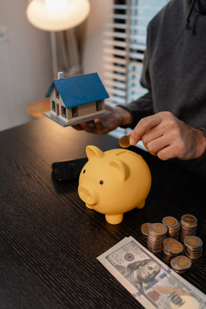 a man uses his savings to buy his dream home, this man plans his finances to buy a home, he uses his savings to buy a home as an investment, financial, money, property, paymentの写真素材