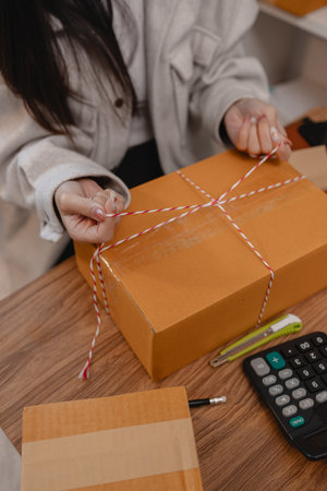 she is packing parcel to send to all customers, this entrepreneur own a small business, sme, selling...