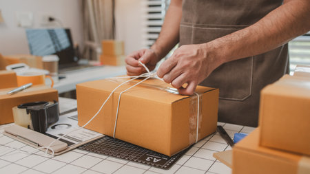 an employee is packing products into boxes to prepare for shipping to customers, a small online...