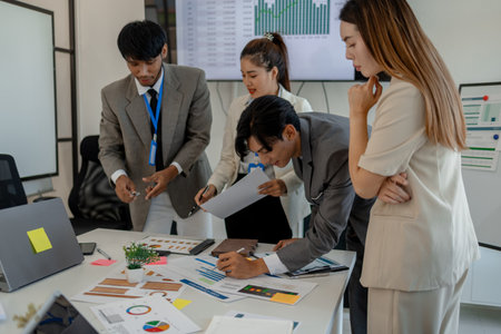 the atmosphere of the company's employees' meeting, businessmen brainstorming to increase the...