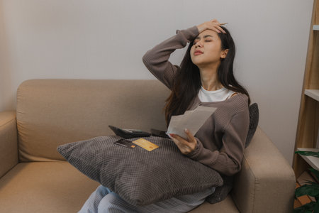 she feels stressed about spending on her credit cards when she sees the outstanding balance, the charges she makes form her shopping cards stress her out, debit, debit card, spendの写真素材