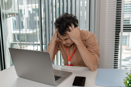a businessman stressed because of the deal with his partner not complete, an accountant is ver...