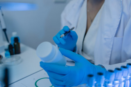 a female chemist is testing various liquid compounds in a lab, a scientist is doing research on the development, she wears a lab coat when she works in laboratory, test tube, scientific equipmentの写真素材