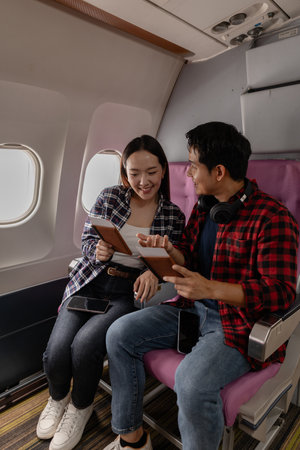 A young couple enjoys their travel experience together, smiling and chatting while sitting in...