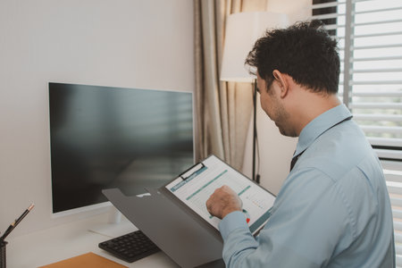a businessman is sitting in his private office, an entrepreneur is working diligently, the chief accountant is reviewing documents and budget figures to present to the executives in a meetingの写真素材