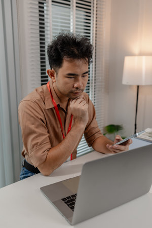 a businessman is in the office, he works in modern office, head of marketing is working with a lot...