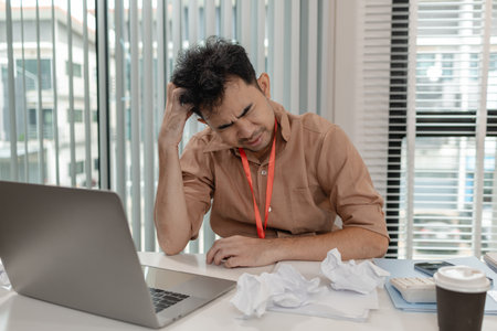 a businessman stressed because of the deal with his partner not complete, an accountant is ver...