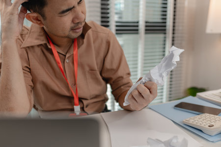 a businessman stressed because of the deal with his partner not complete, an accountant is ver...