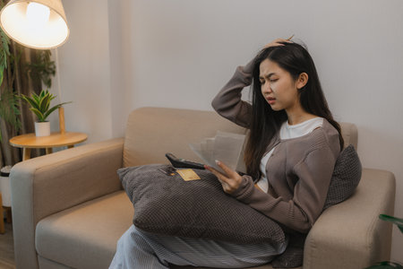 she feels stressed about spending on her credit cards when she sees the outstanding balance, the charges she makes form her shopping cards stress her out, debit, debit card, spendの写真素材