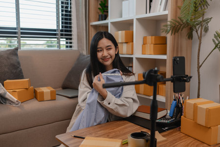 she live to sell her product online, sme, she is an entrepreneur and own a small business, live streaming, parcel, she is selling her product online, talking to customer when she liveの写真素材