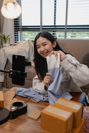 she live to sell her product online, sme, she is an entrepreneur and own a small business, live streaming, parcel, she is selling her product online, talking to customer when she liveの写真素材