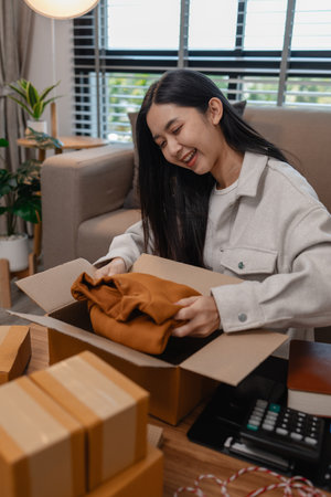 she is packing parcel to send to all customers, this entrepreneur own a small business, sme, selling product online, she prepare her product in her office, packing orderの写真素材