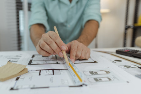 An architect using a pencil and a scale ruler to measure house floor plans. Various design tools and...