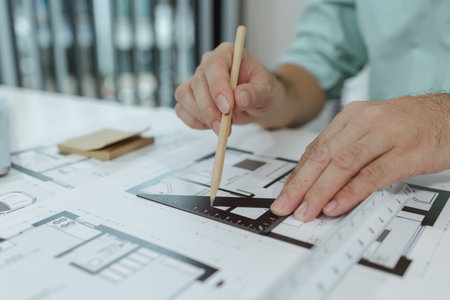 An architect uses a metal triangle ruler to draw precise lines on house blueprints laid out on a...