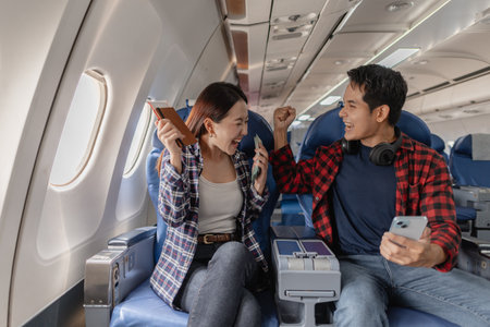 Young couple feeling excited and joyful while traveling together on an airplane. They happily smile, hold a passport and smartphone, and enjoy sharing the moment of their trip as travel partners.の写真素材