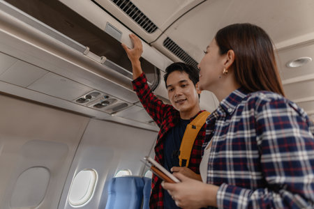 A young couple prepares for a flight on an airplane. The man places luggage in the overhead bin while the woman smiles and holds passports, both appearing excited to begin their journey together.の写真素材