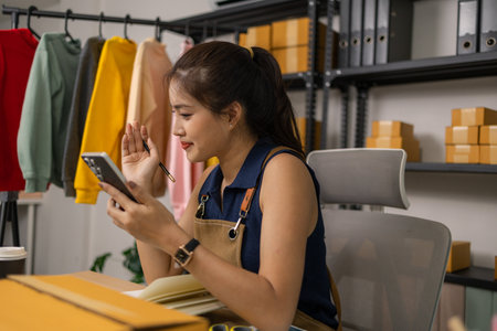 Young female entrepreneur checking customer orders on smartphone, happily managing her online clothing business, organizing shipments and taking notes for order preparation at her home office.の写真素材