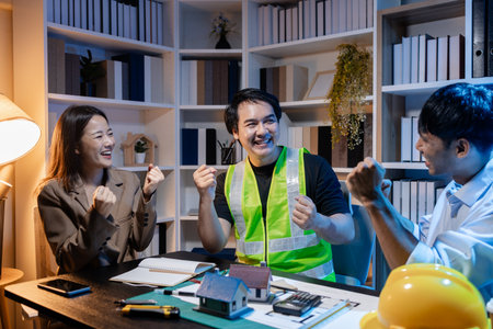 Architects and engineers work together in an office to review blueprints, exchange ideas, and refine their building plans for a contemporary construction project in an urban setting.の写真素材