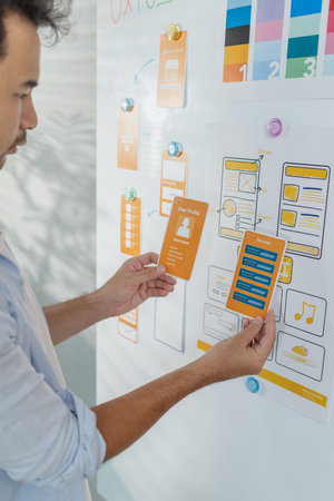 A designer is developing UX UI layouts, reviewing mobile app prototypes, and arranging interface...