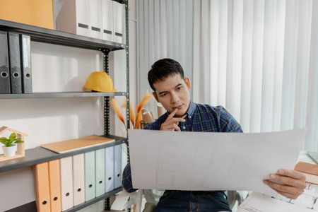 Young male architect working thoughtfully at office desk, analyzing house blueprints and...